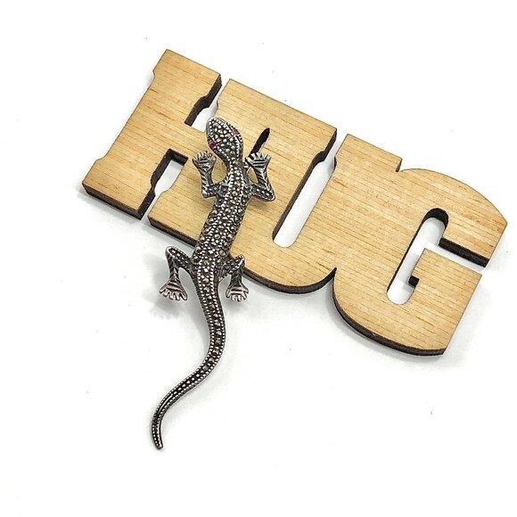 Brooch Sterling Silver Marcasite and Ruby Gemstone Lizard Brooch Lapel Pin - Picture 1 of 7